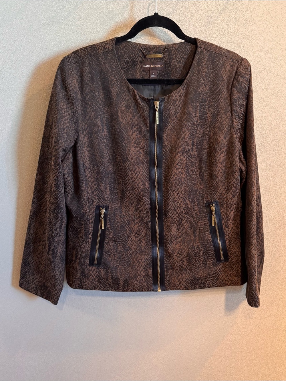Dana Buchman Brown Snake-Print Zip-Front Jacket